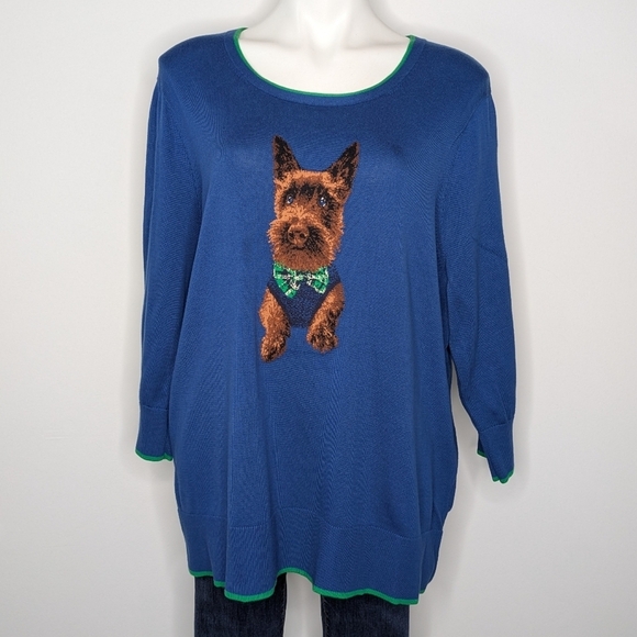 ✨3/$15 Lands' End Blue Scottish Terrier Long Sleeve Lightweight Sweater 2X - Picture 1 of 8
